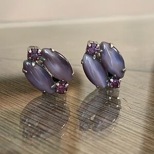 Vintage Clip Earrings Purple Cats Eye & Rhinestones